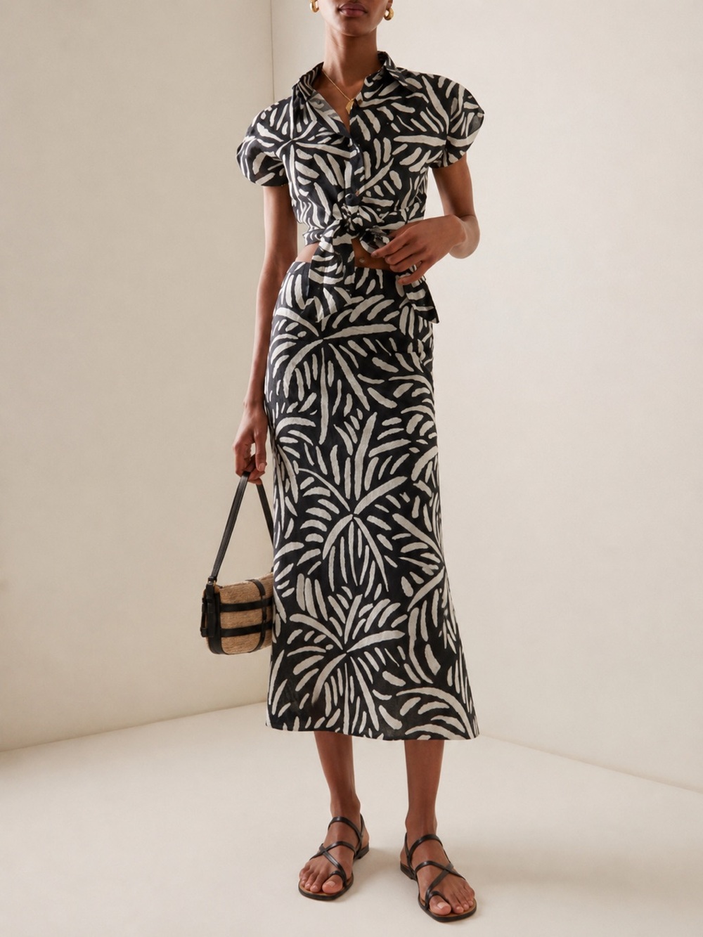NWOT Cala de la Cruz Black White Linen Leroy Top Fabiana Skirt Set, Size XS